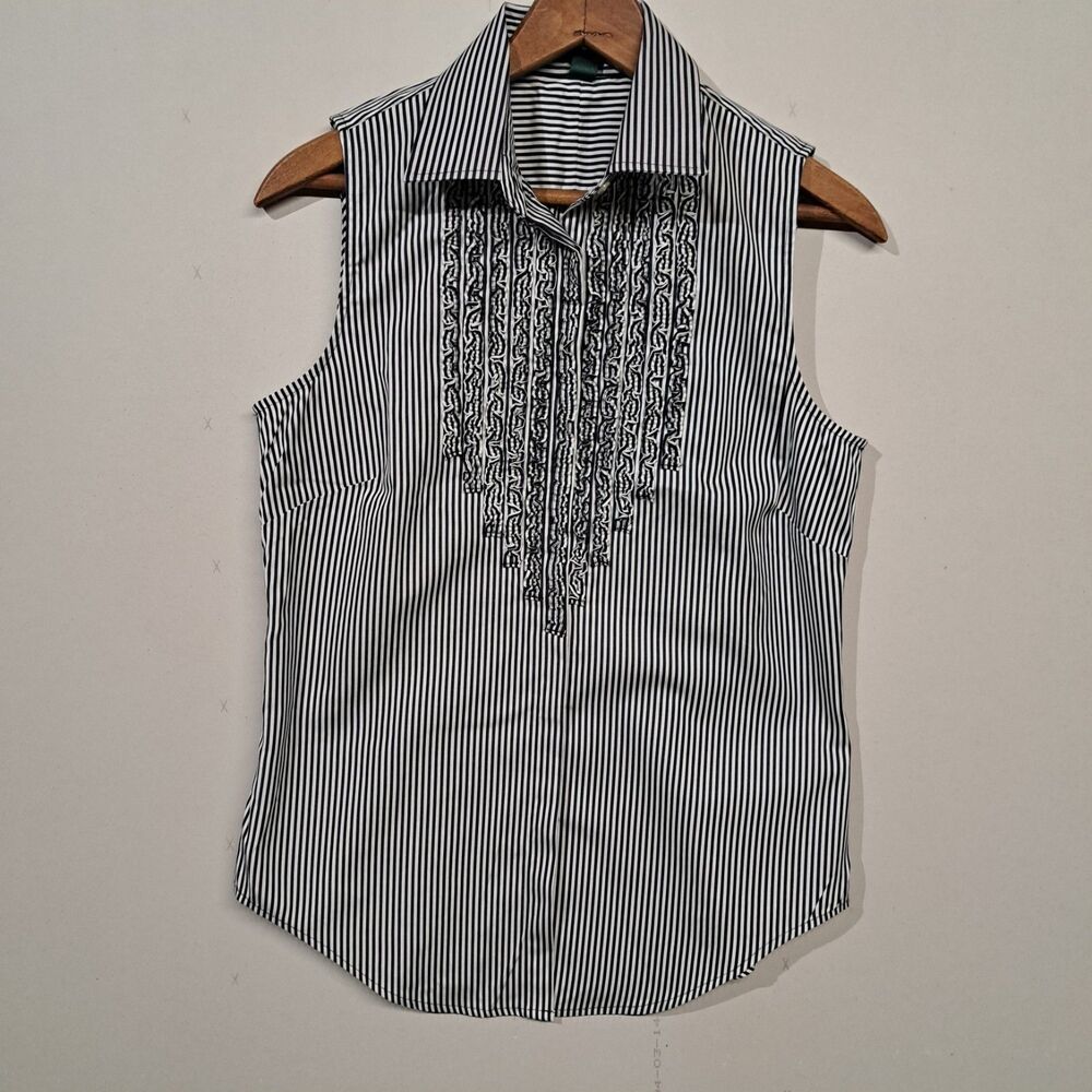 Lauren Ralph Lauren Sleeveless Ruffled Blouse Black White Stripes Size 4 Cotton - Picture 1 of 7